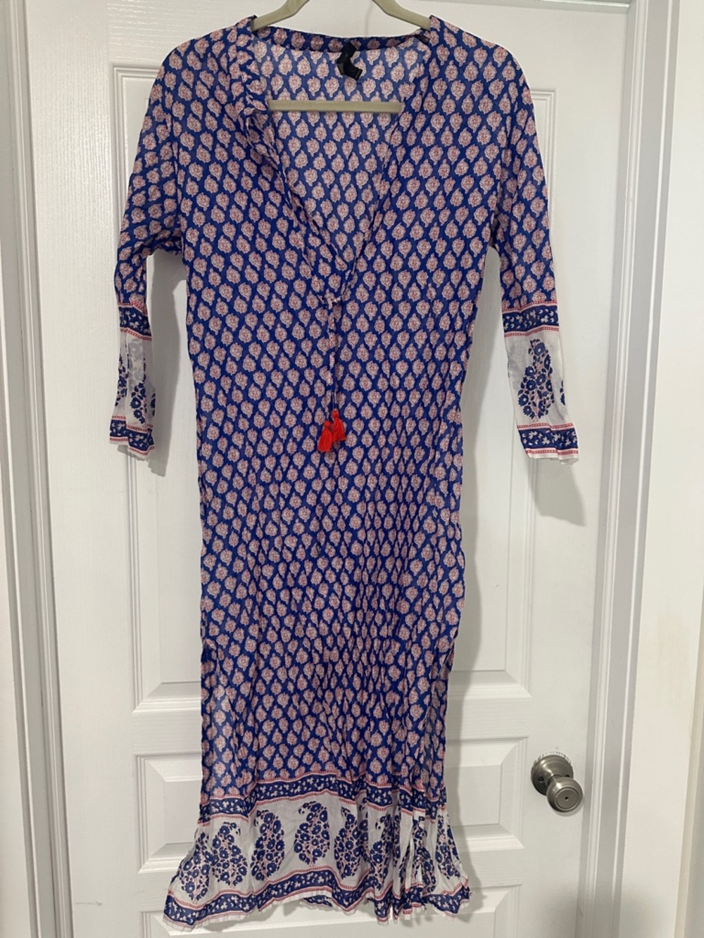 J. Crew Blue and Pink Printed Midi Dress with Red Tassel